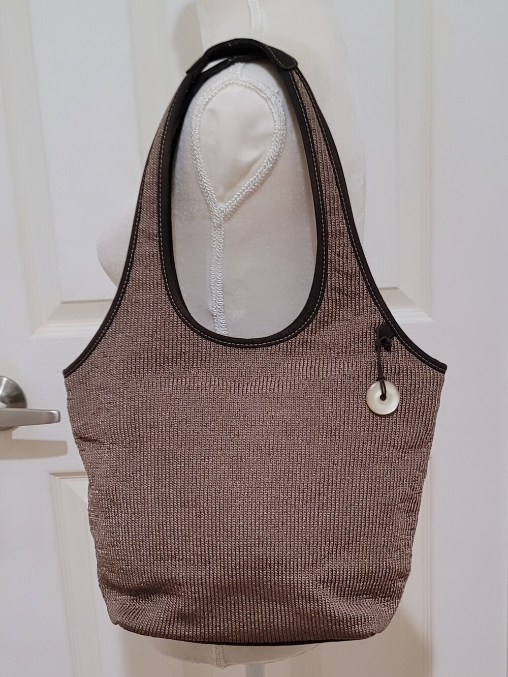The Sak Brown Crochet Leather Reinforced Handles Trim Lined  Shoulder Bag